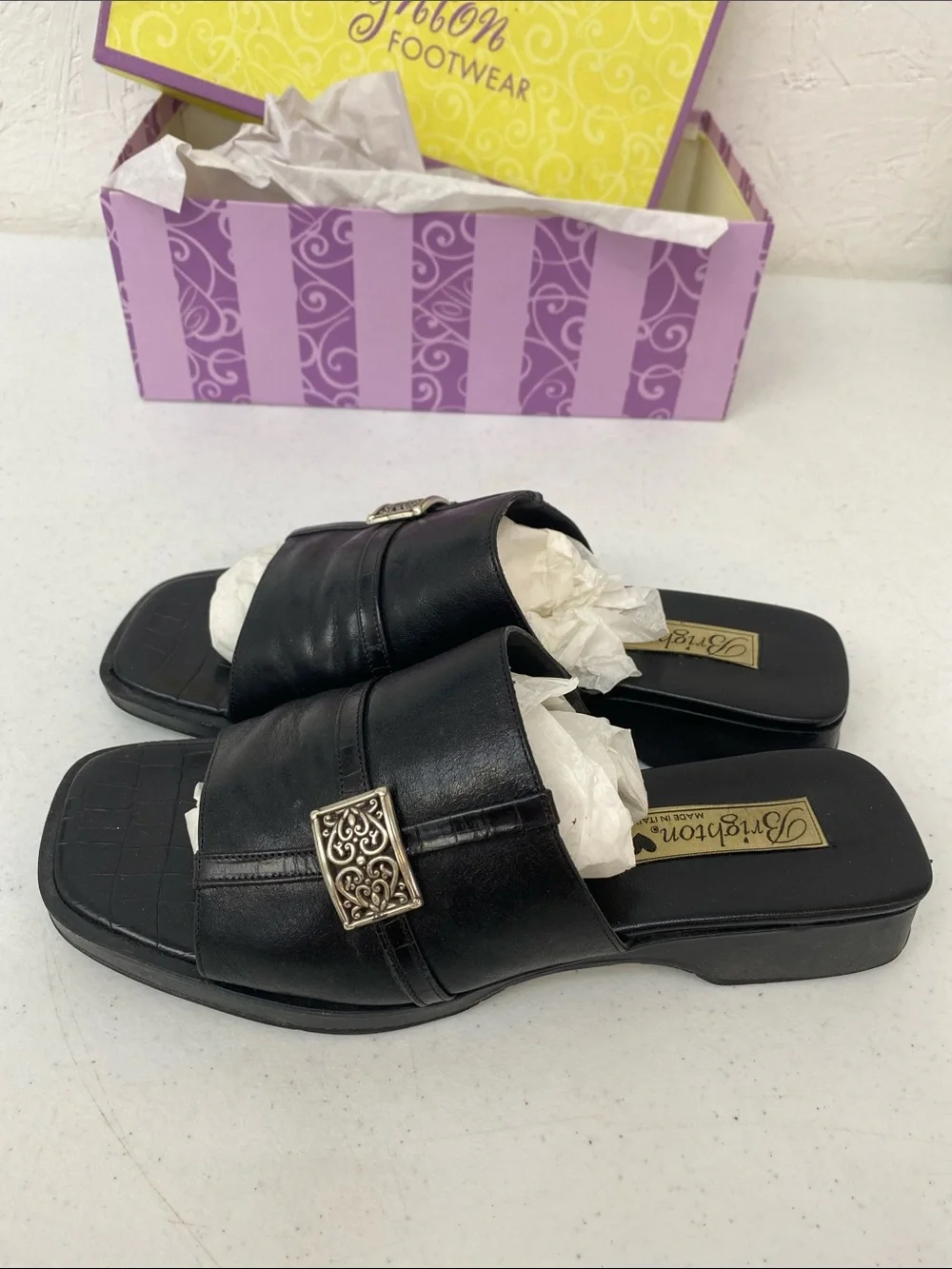 Brighton Black Leather Slide sandals Beth Decorative Silver Buckle size 8.5
